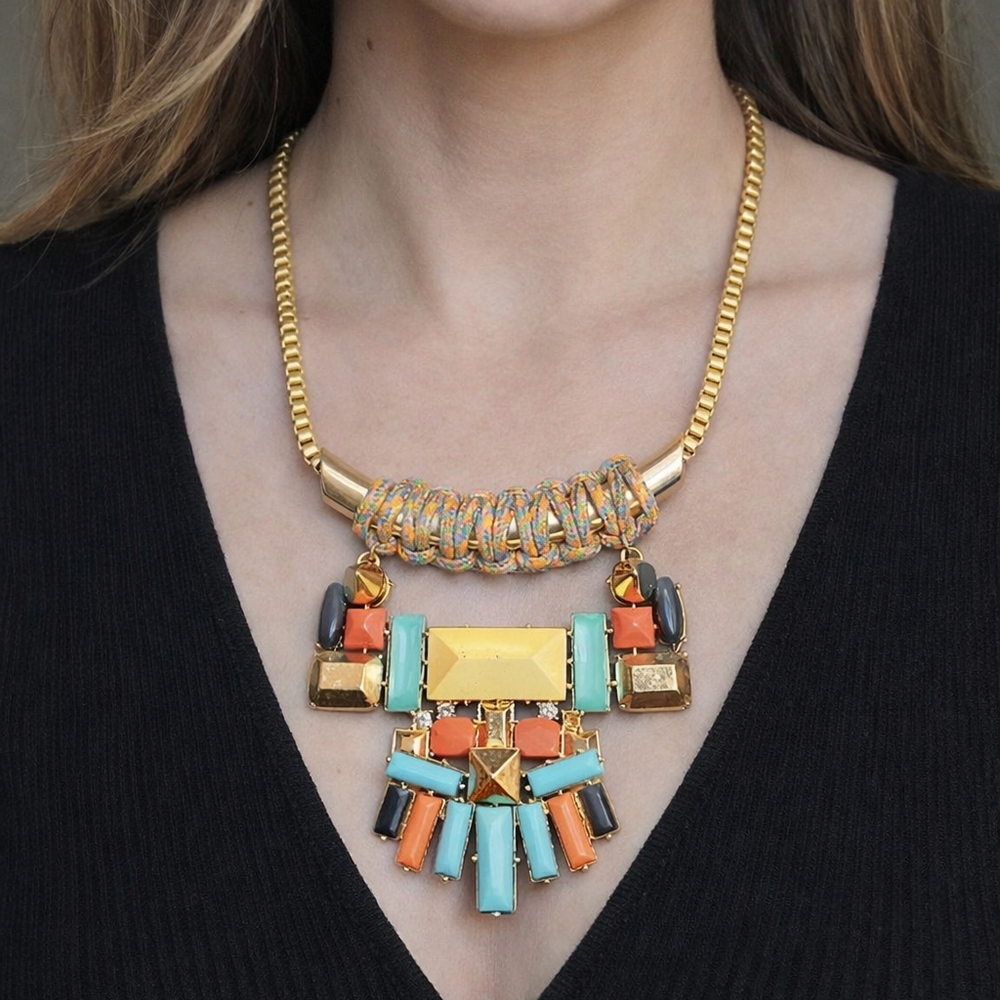 Gold Multicolor Geometric Statement Necklace - Women Jewelry